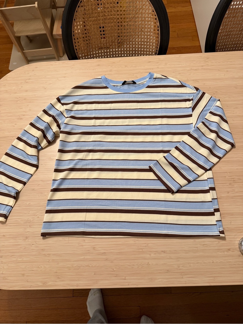 Womens Long-Sleeve Striped Crewneck Shirt - Blue, Cream & Brown